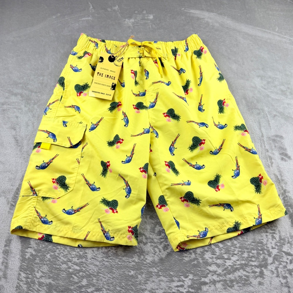 The Image Men's Large Yellow Tropical Parrot Pineapple Swim Trunks Cargo Shorts